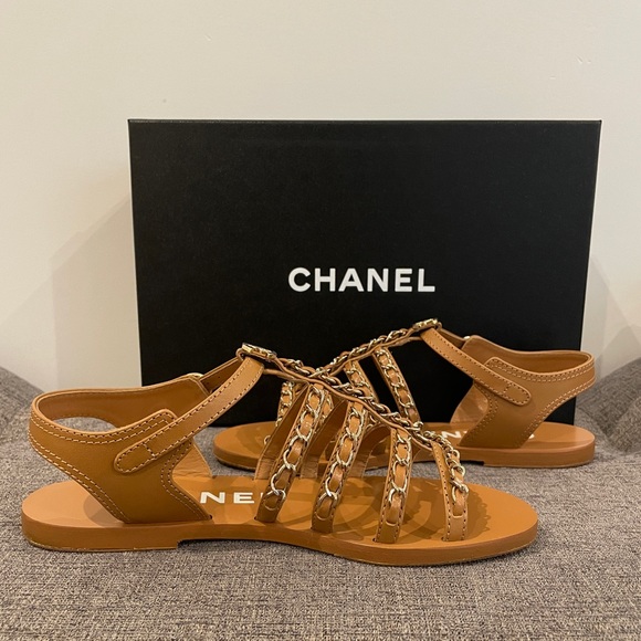 Chanel Light Brown Gladiator Sandals with Gold Chains - Picture 5 of 11